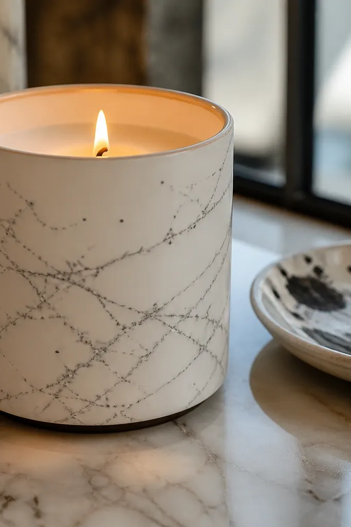 White candle with thin gray marble swirls and tiny black specks
