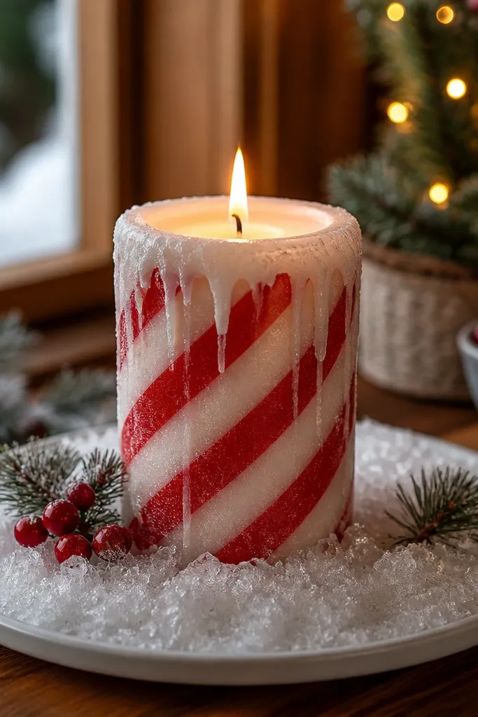 White candle with red diagonal stripes and a soft frosted border
