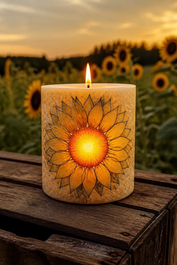 Cream candle with a yellow sunflower center and dark outlined petals around a glowing ring