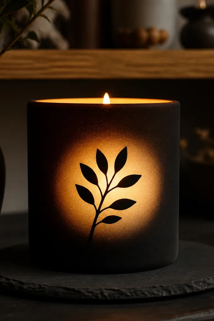 Black candle with a soft white aura circle behind a simple leaf silhouette