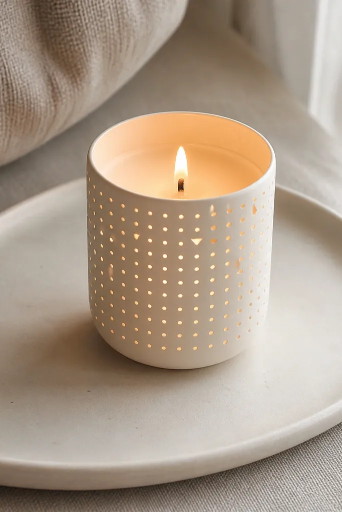 Ivory candle with a rose gold dot grid and small triangular accents