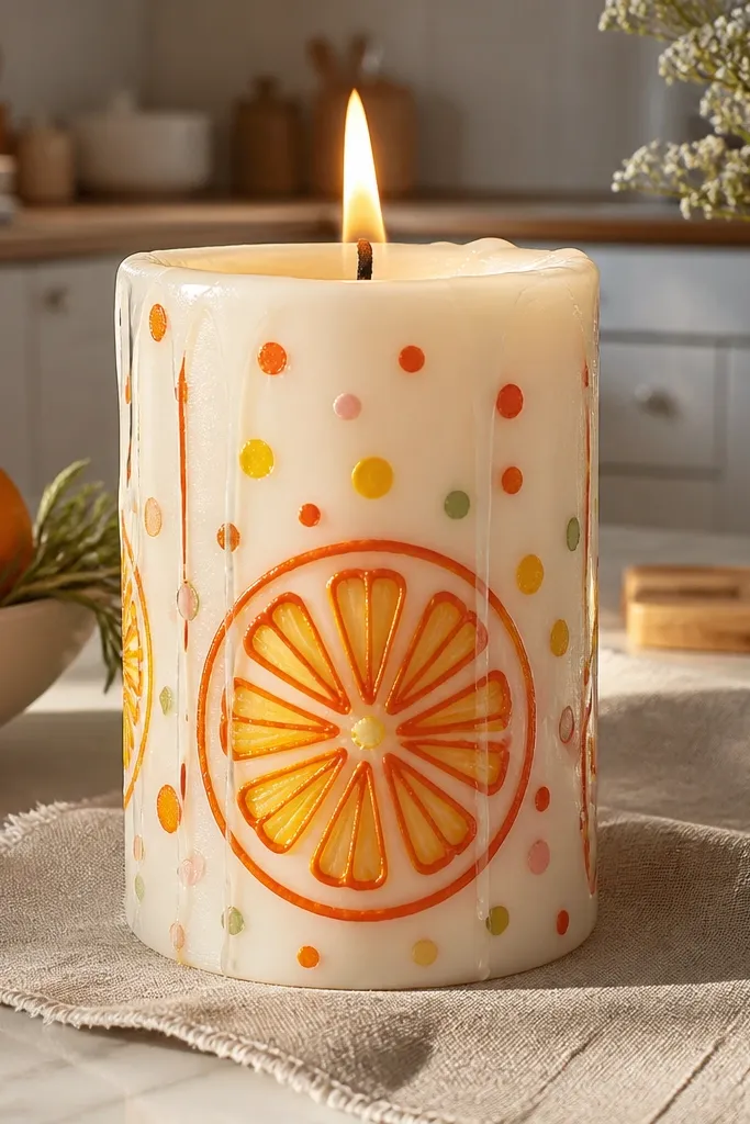 White candle with orange and yellow citrus slice segments and tiny confetti dots
