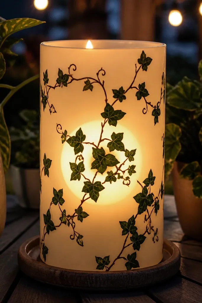 Cream candle with dark vine lines, small green leaves, and a warm lantern glow circle