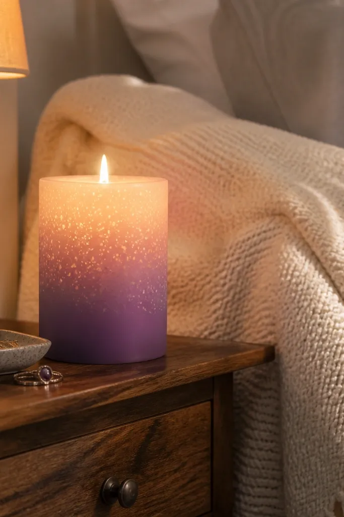 Purple candle with lavender gradient top and scattered white star dots