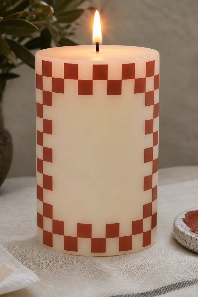 Cream candle with terracotta checkboard border and a plain center panel