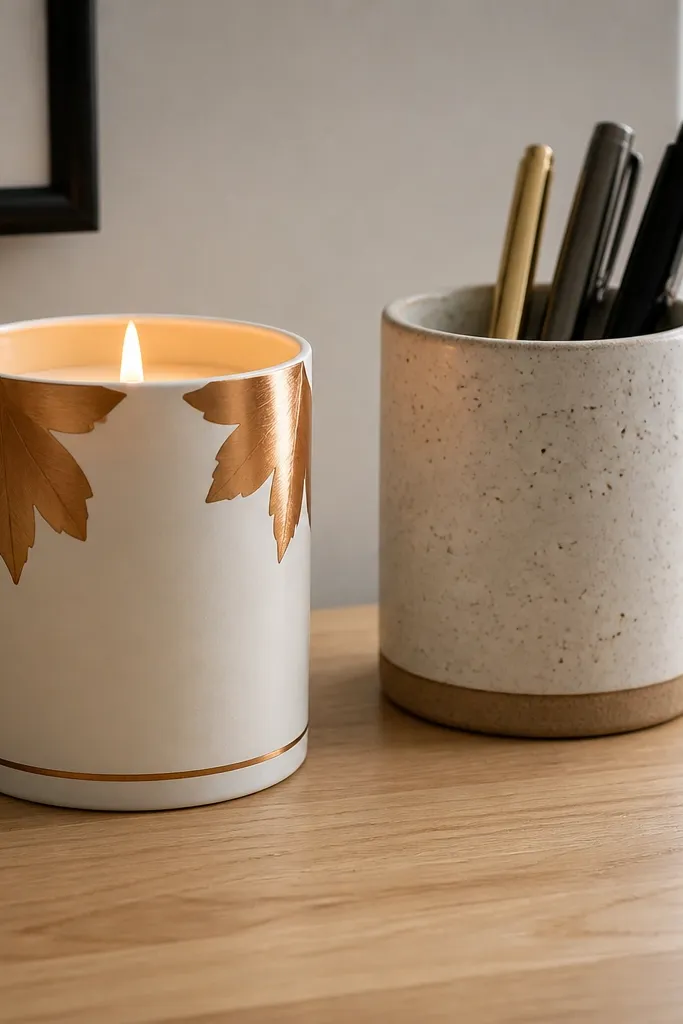 Ivory candle with copper leaf shapes in the top corners and a thin gold line base