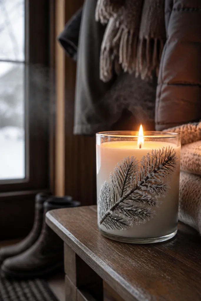 White candle with a dark pine sprig and tiny white frosty dots
