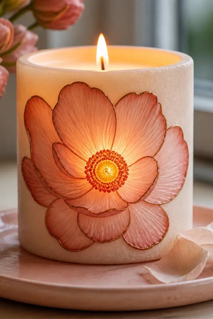 Cream candle with peach flower petals, a warm yellow center, and dark outline