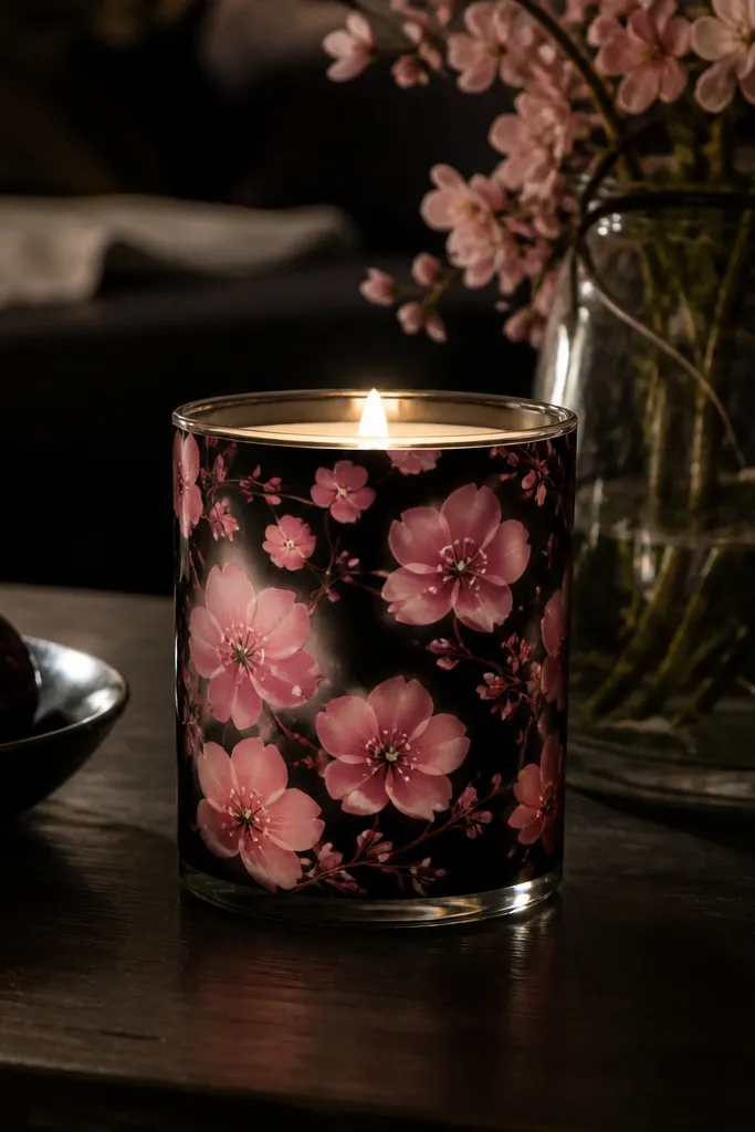 Black candle with pink cherry blossom petals and small white dot highlights
