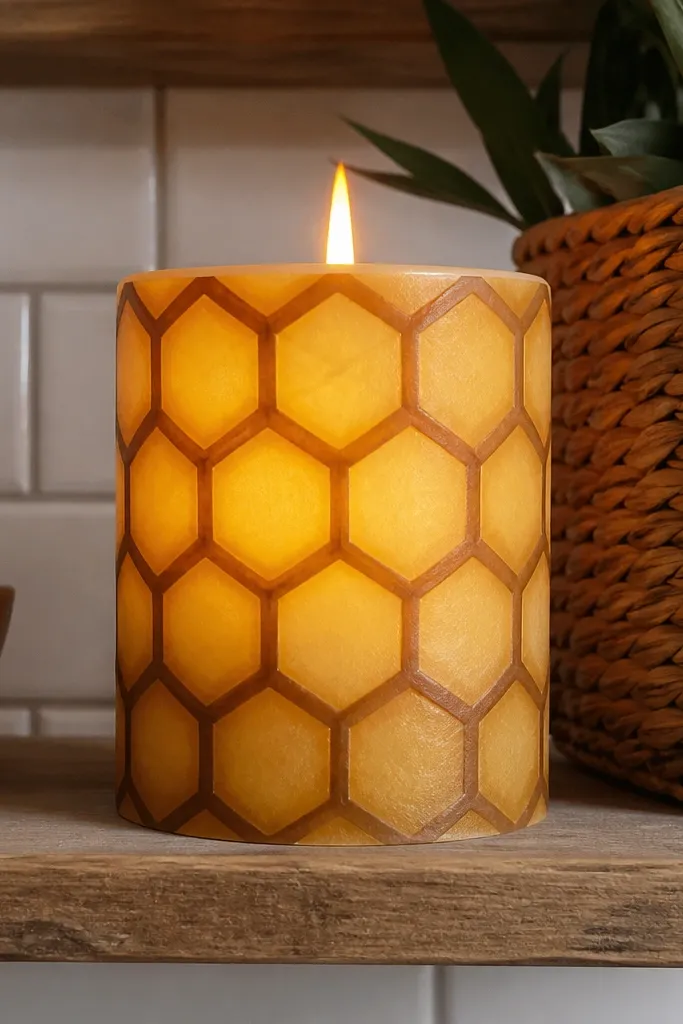 Cream candle with warm yellow honeycomb hexagons outlined in brown