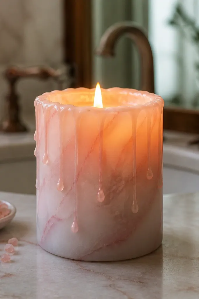 Pink candle with pale swirl veins and subtle vertical drip lines