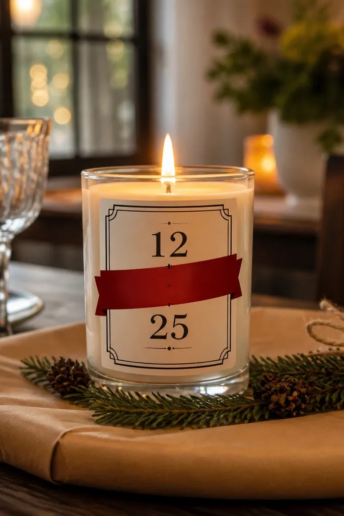 Ivory candle with a red ribbon banner and simple black lettering frame