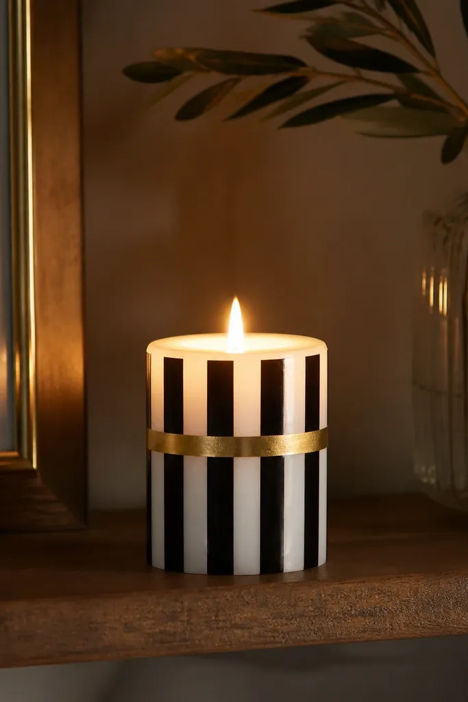 White pillar candle with black and gold tape stripes wrapping around it