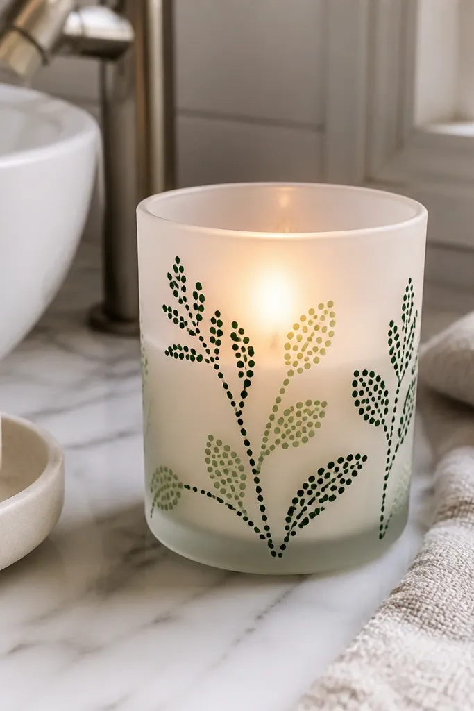Cream candle with a thin line of small green dots forming a leaf trail