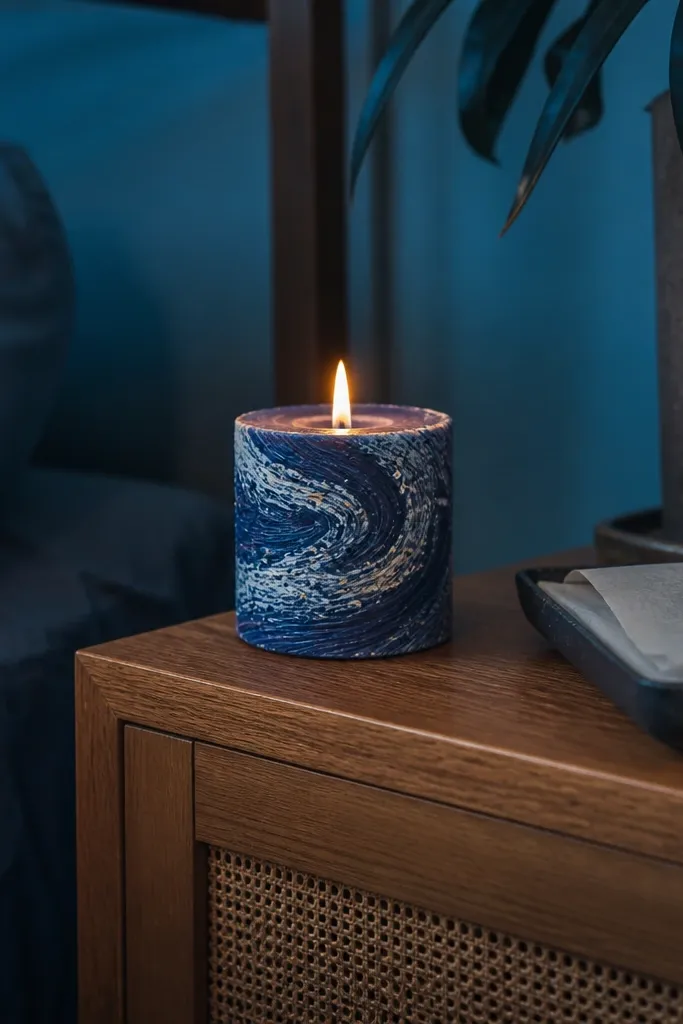 Dark navy candle with light star-like specks and swirling pale lines