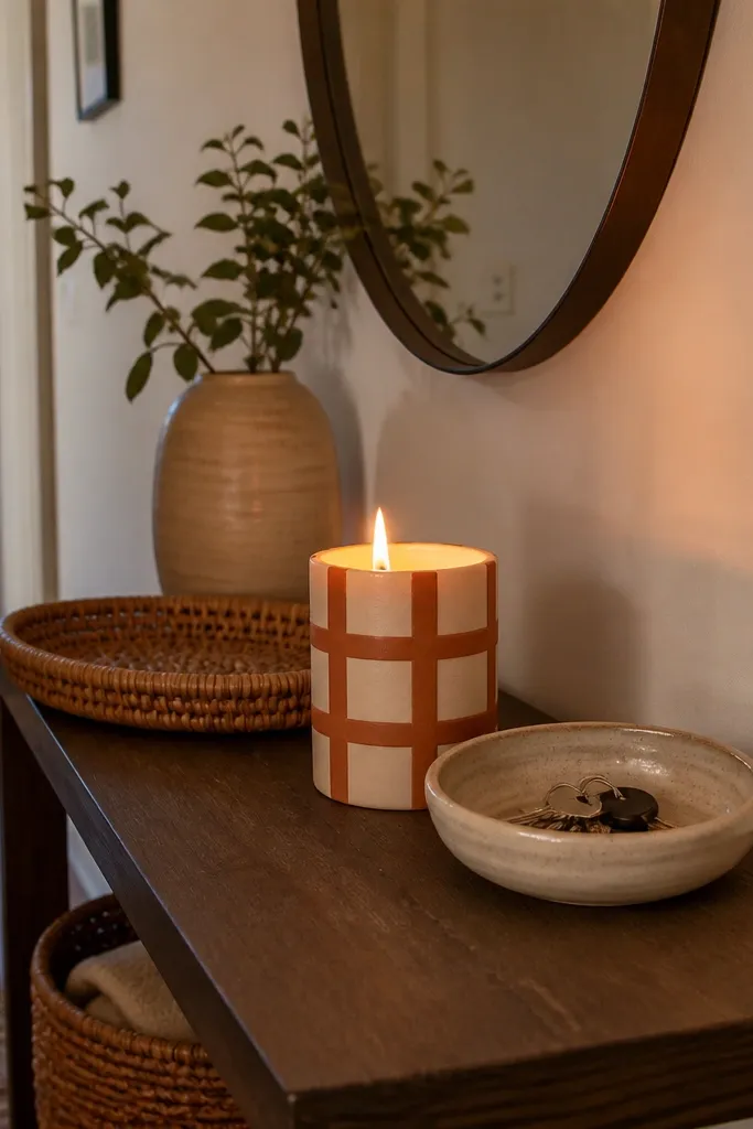 Terracotta and off-white grid pattern on a short pillar candle