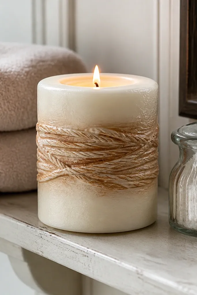 Cream candle with a faux rope band in warm brown across the middle