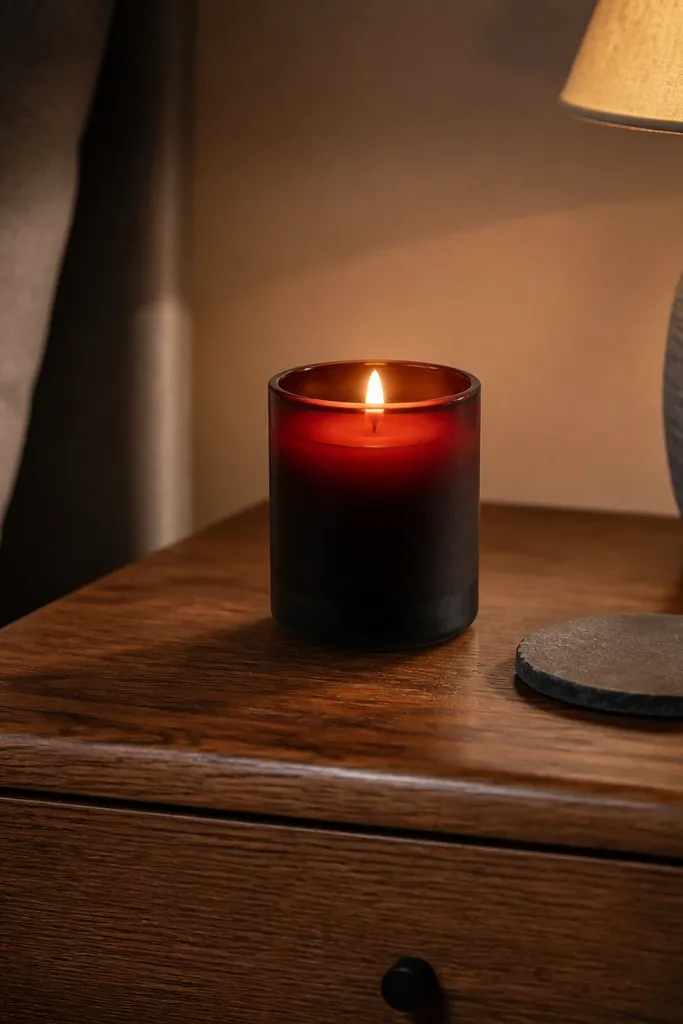 Candle with a black-to-cherry ombre fade starting from the rim