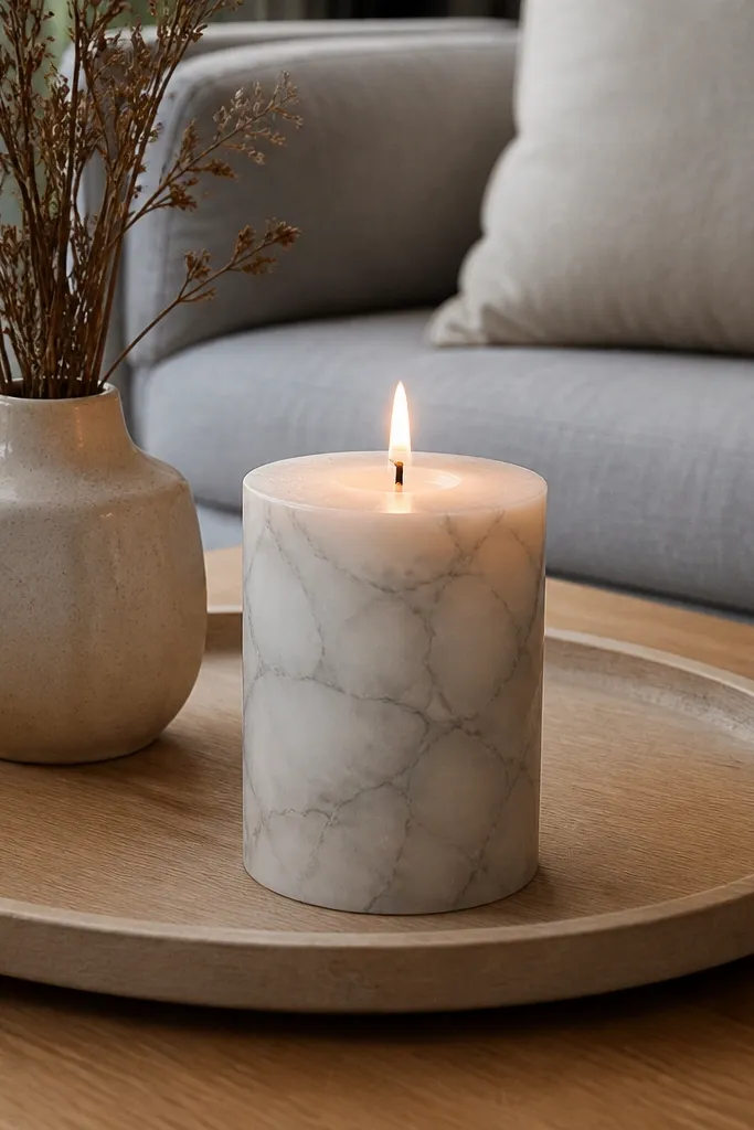 White candle with thin gray marble veins and a soft gray wash