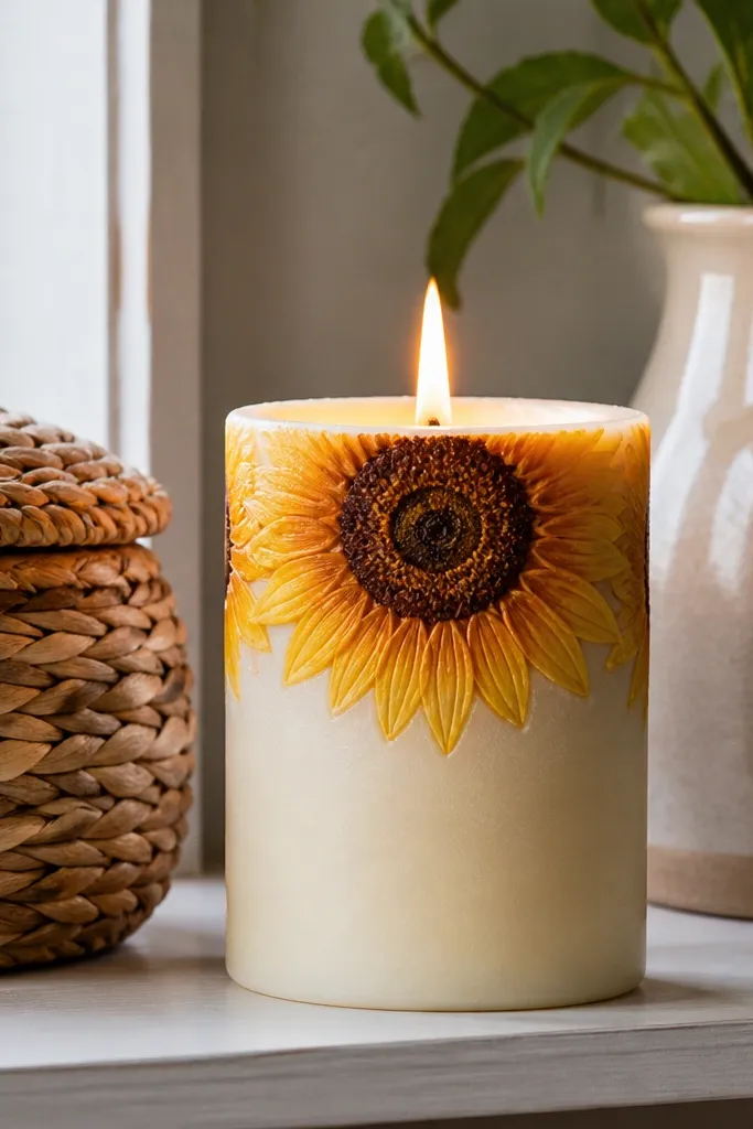 Plain candle with a single sunflower painted across the middle in yellow and dark brown