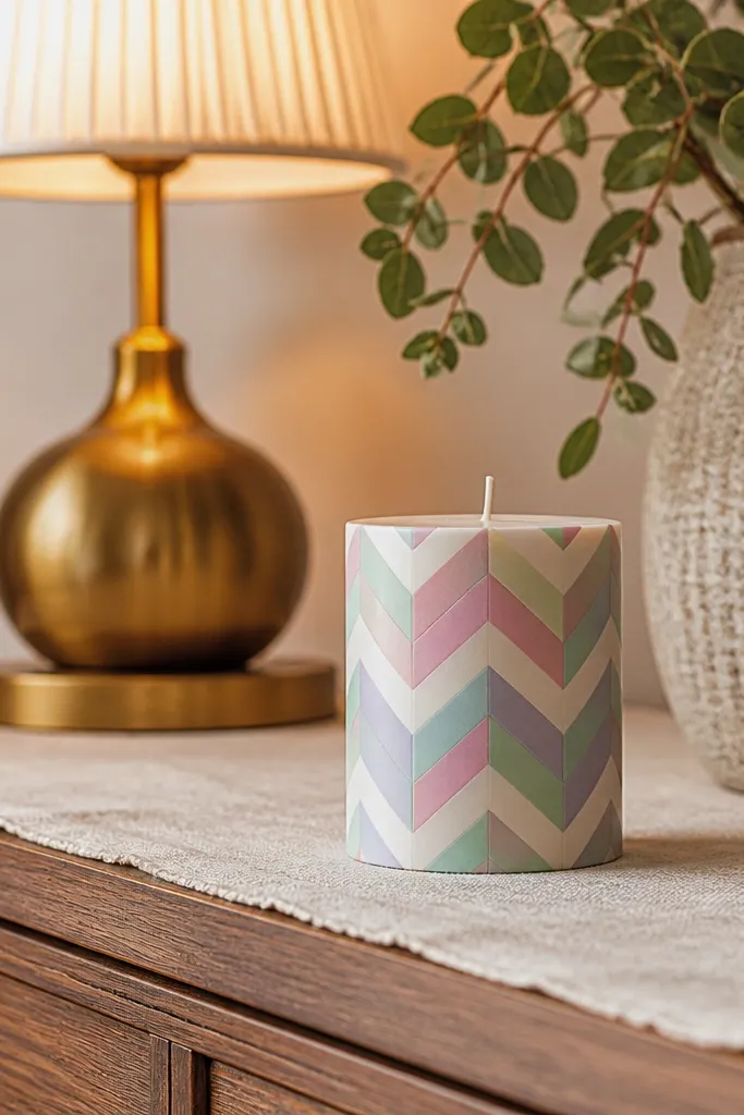 Pastel chevron pattern wrapping around a candle with soft pink and mint triangles