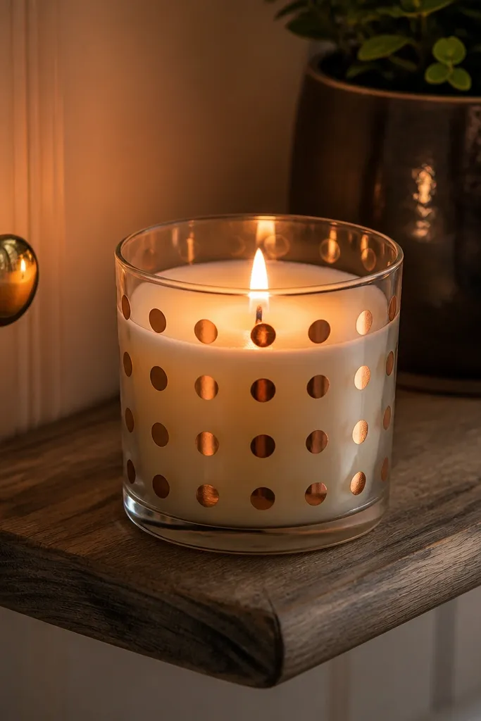 Clear glass candle with a thin copper dot ring around the middle