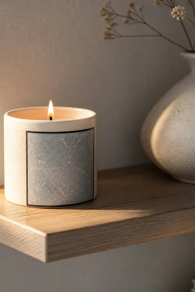 Cream candle with a small star map corner and a thin black tape border