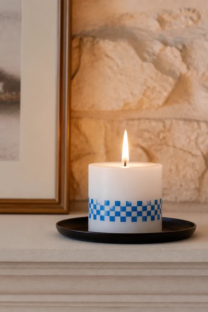 Blue check pattern on a candle with crisp white lines separating squares