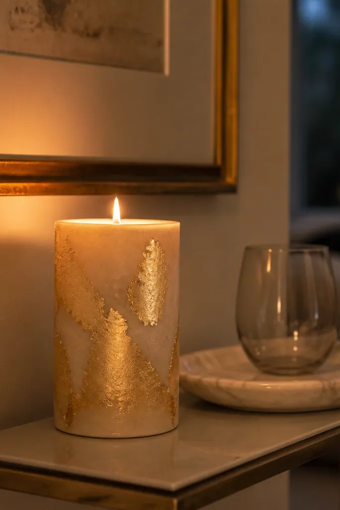 Cream candle with torn tissue-paper textures painted gold in irregular leaf shapes