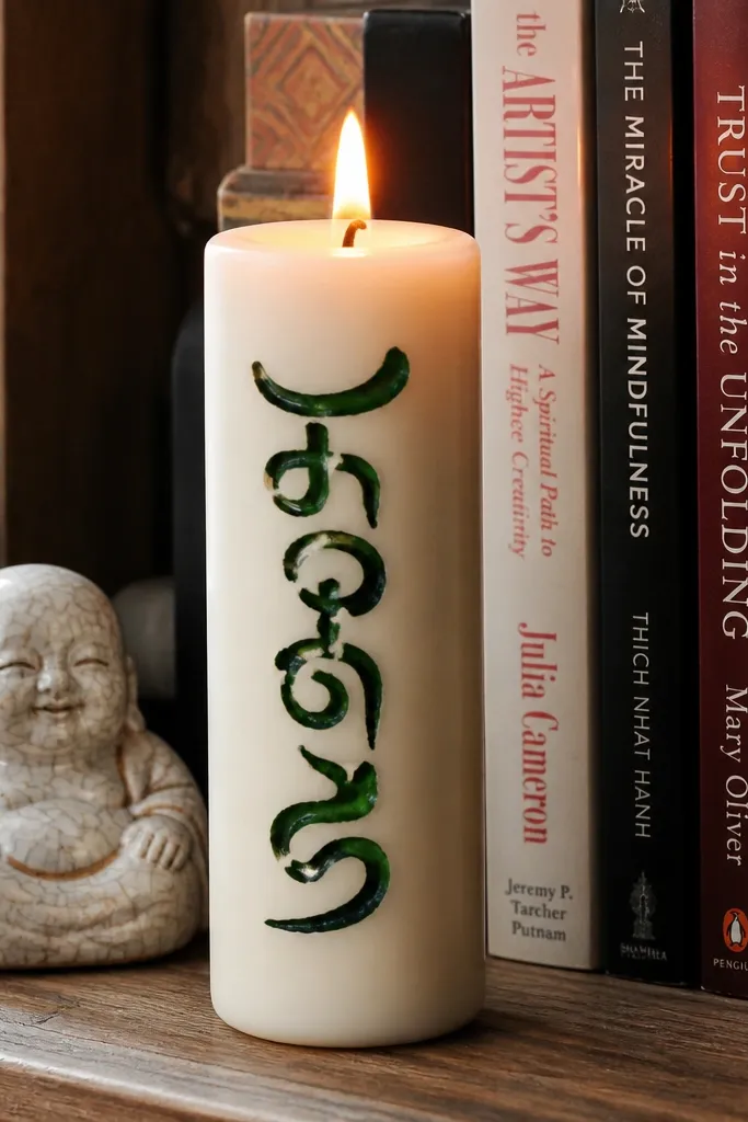 Candle with a single-word vertical strip painted in deep green