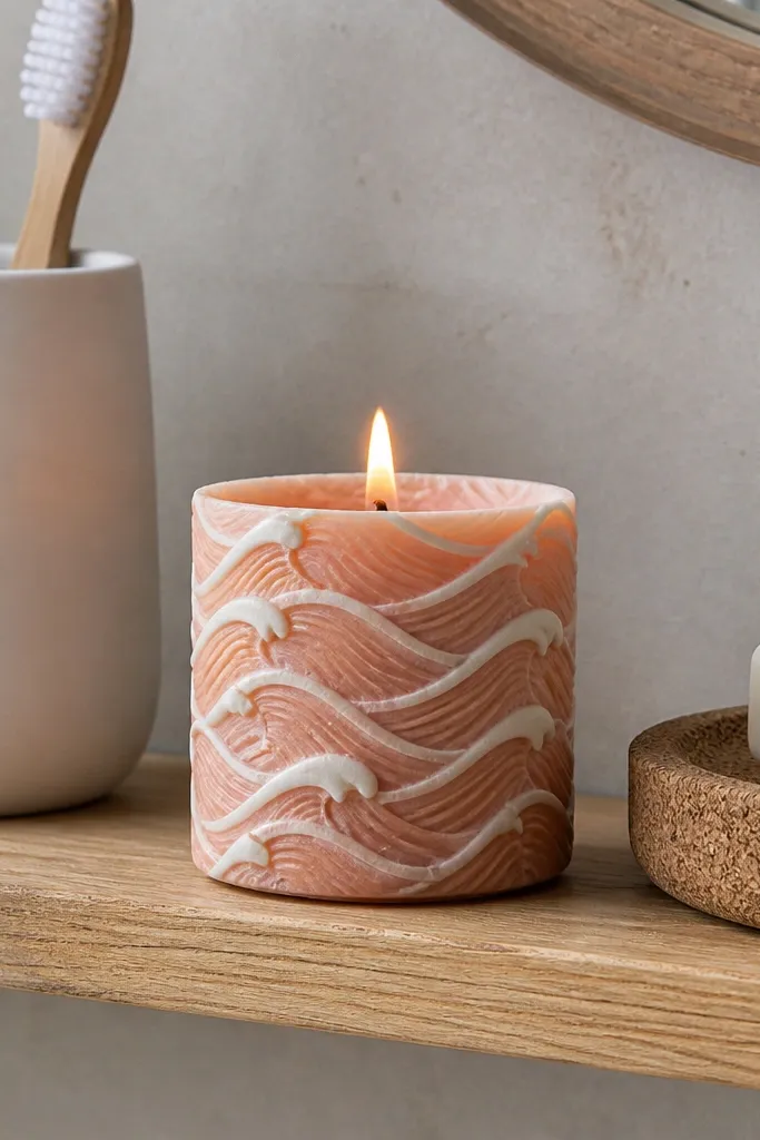 Candle with terracotta wave bands and thin white highlights along the wave crests