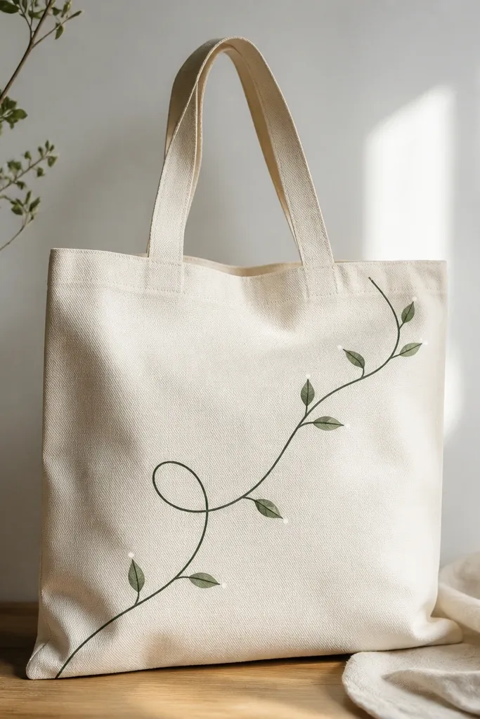 A tote bag with a single sweeping vine drawn in dark green, looping from the bottom left to the upper right. Small leaf marks branch off the main line, and a few tiny white dots sit near leaf tips like highlights.