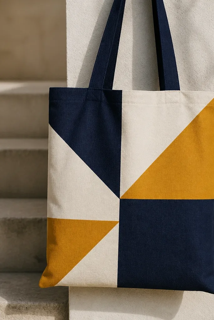 A tote bag covered in bold geometric blocks: navy, off-white, and mustard triangles and rectangles. The lines are straight and crisp, with painter's tape leaving clean borders between colors.