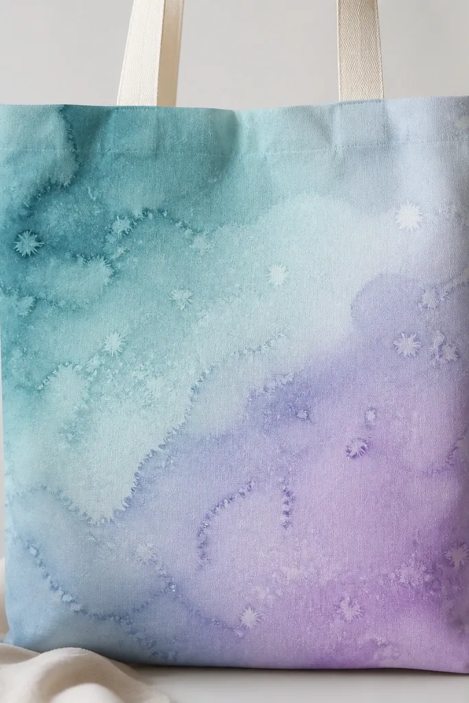 A tote bag front with a translucent teal-to-lavender wash. Tiny starburst textures appear where coarse salt sat on wet paint, creating light speckles across the darker areas.