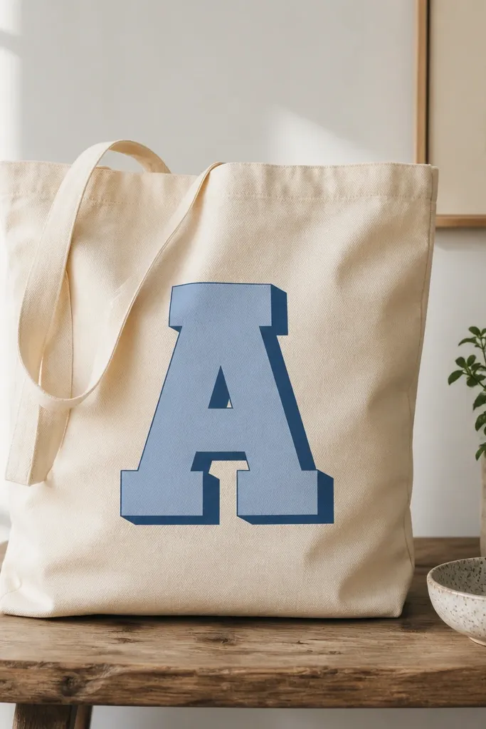 A tote with a large block letter centered on the front. Behind the letter is a slightly offset shadow in a darker shade, creating a crisp layered look.