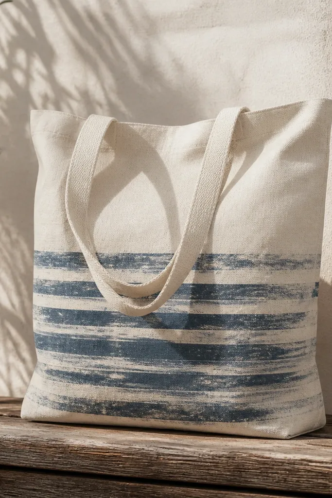 A tote with horizontal stripes across the lower half. The stripes fade at the edges like sun-bleached fabric, with uneven dry brush texture and a slightly worn look.