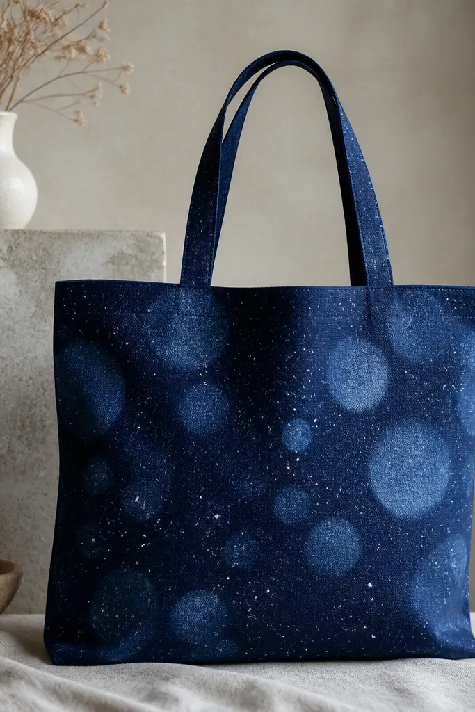A deep navy tote with scattered star dots. A sponge created large soft circles in lighter blue, and a toothbrush flick added tiny white specks across the top half.