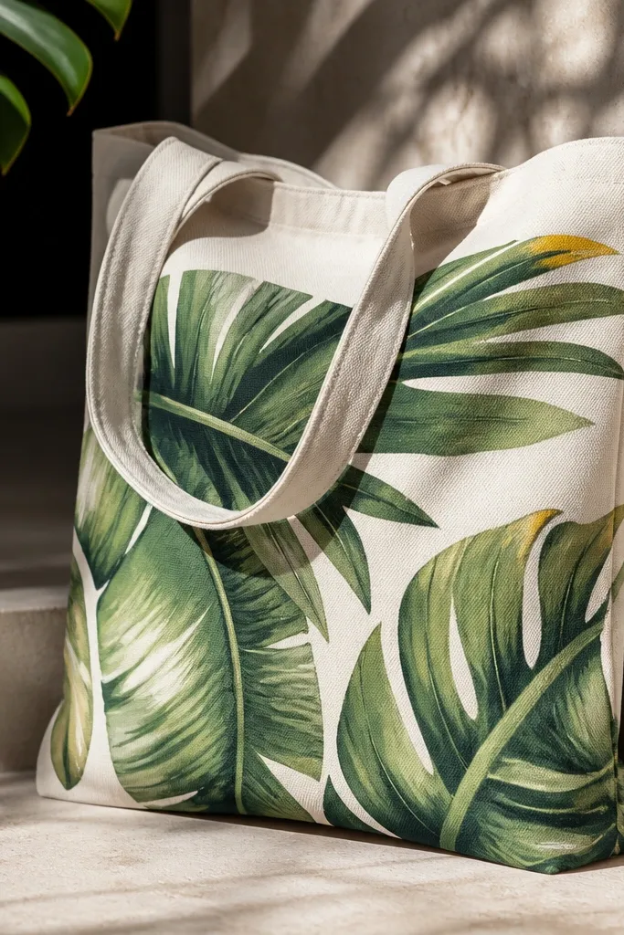 A tote with large palm leaves painted in layered greens. The leaves have darker veins, lighter edges, and a few yellow-green accents near the tips.