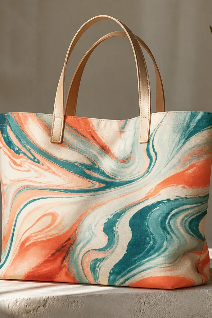 A tote with marbled ribbon patterns across the front. Swirls in teal, coral, and cream look like liquid marble, with a glossy, organic texture.