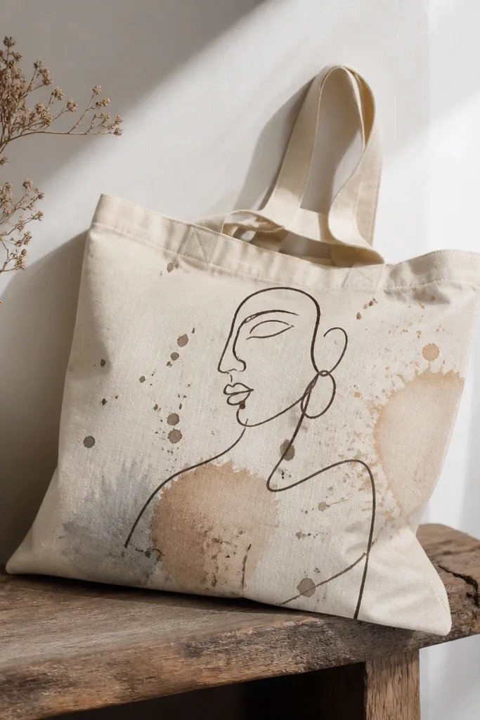 A tote featuring a simple face or abstract figure outlined in dark brown. Around it are controlled splatters in diluted paint, like watercolor ink marks.