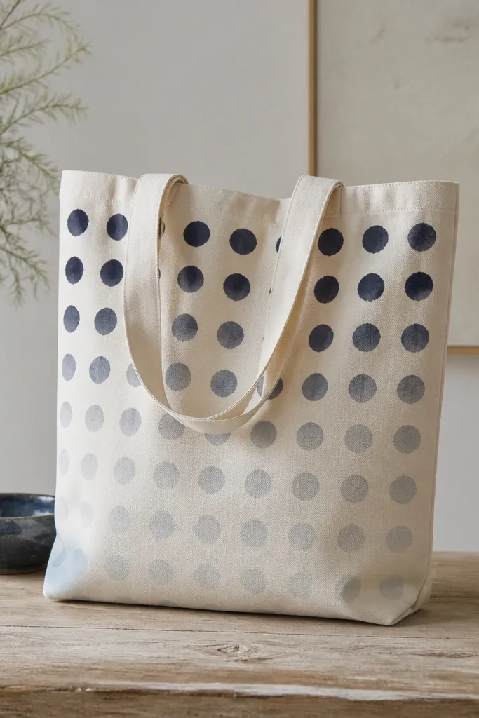 A tote with polka dots that fade from dark at the top to light at the bottom. Each dot is soft-edged from sponge dab, with a clean grid spacing.