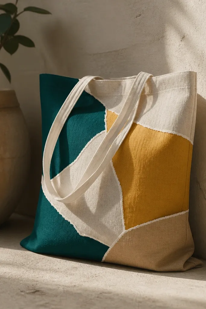 A tote with collage blocks that look like torn paper shapes. Colors include mustard, teal, and off-white, with rough edges and a layered, cut-paper look.
