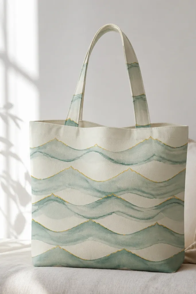 A tote with a repeating wave pattern across the front. The waves are painted in sea green, then outlined with thin metallic gold lines near the peaks.