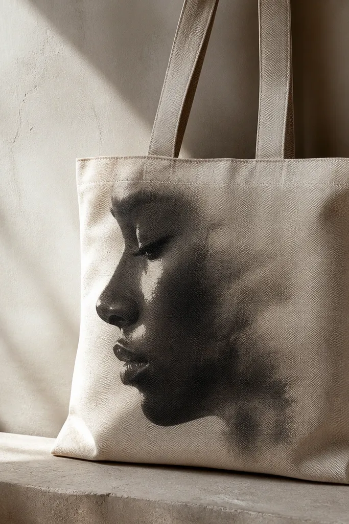 A tote featuring a large face silhouette in charcoal. The edges fade into the tote with a smoky gradient, and there are small highlights in white on the cheek and lip area.