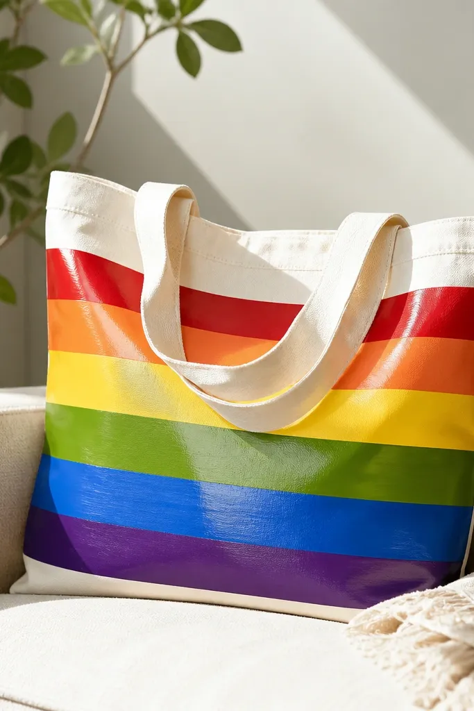 A tote with thick rainbow stripes across the front. Colors are clean and saturated, with a slightly glossy finish that catches light in the stripes.