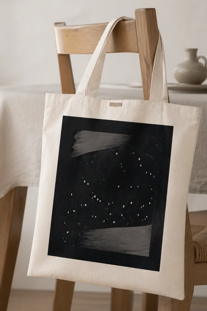A tote with a thick black rectangular border like a photo frame. Inside are small white dots and a few gray brush strokes, plus a tiny scripted label near the top.