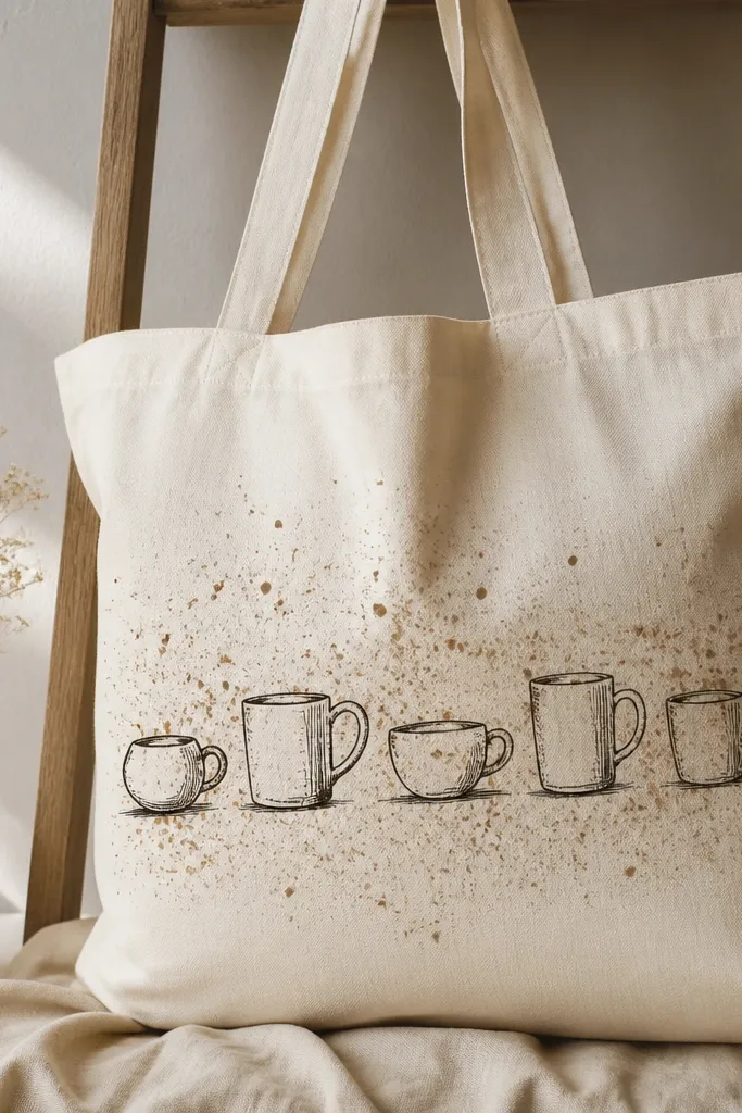 A tote with several simple coffee cup doodles lined up. Behind them is a speckled beige-and-brown background made from splatter dots.