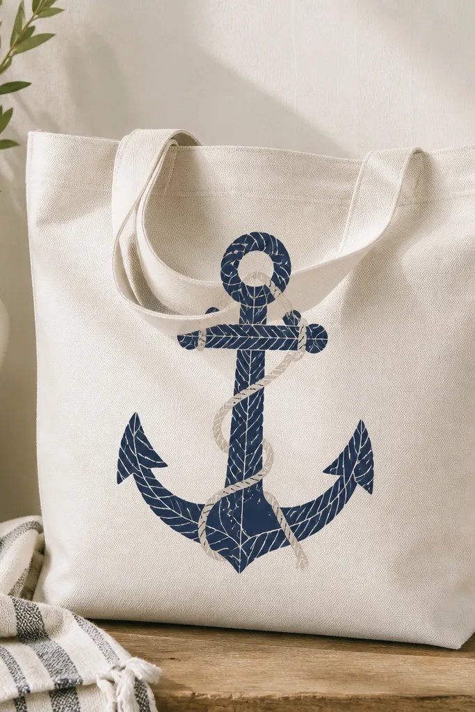 A tote with a navy anchor centered. The anchor shape is filled with a rope-like pattern - curved lines and small knots - and there's a thin cream rope line wrapping around the anchor.