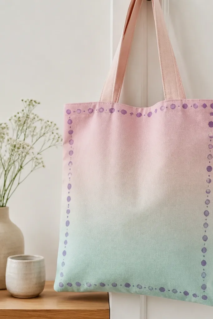 A tote with a soft pastel gradient background from pink to mint. Around the edges is a hand-drawn dotted border in darker purple, with uneven dot sizes like marker dots.
