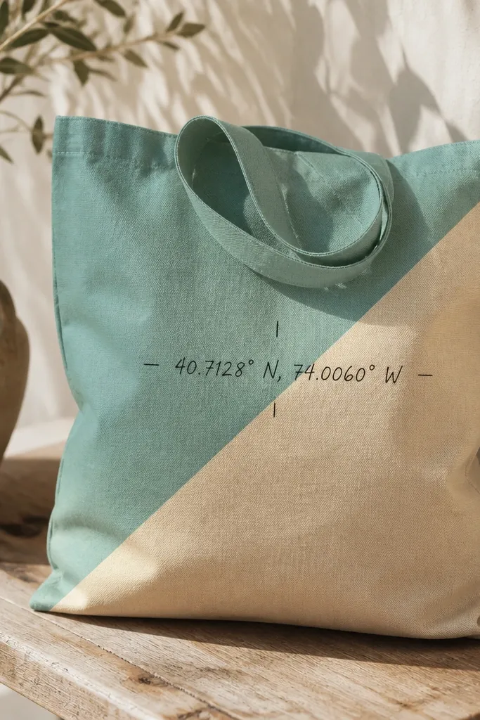 A tote with a simplified map look: two diagonal color blocks in teal and sand, plus a handwritten coordinate line in black. Small compass tick marks sit around the coordinate text.